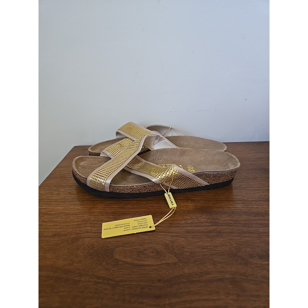 Tatami Birkenstock Sandals Womens 40 Narrow Gold Leather Slide Shoes 9